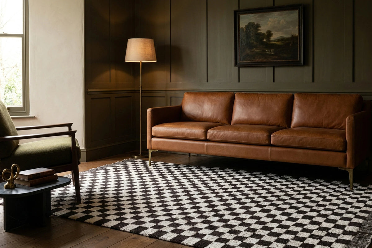 Checkered Shaggy Wool area rug in a den
