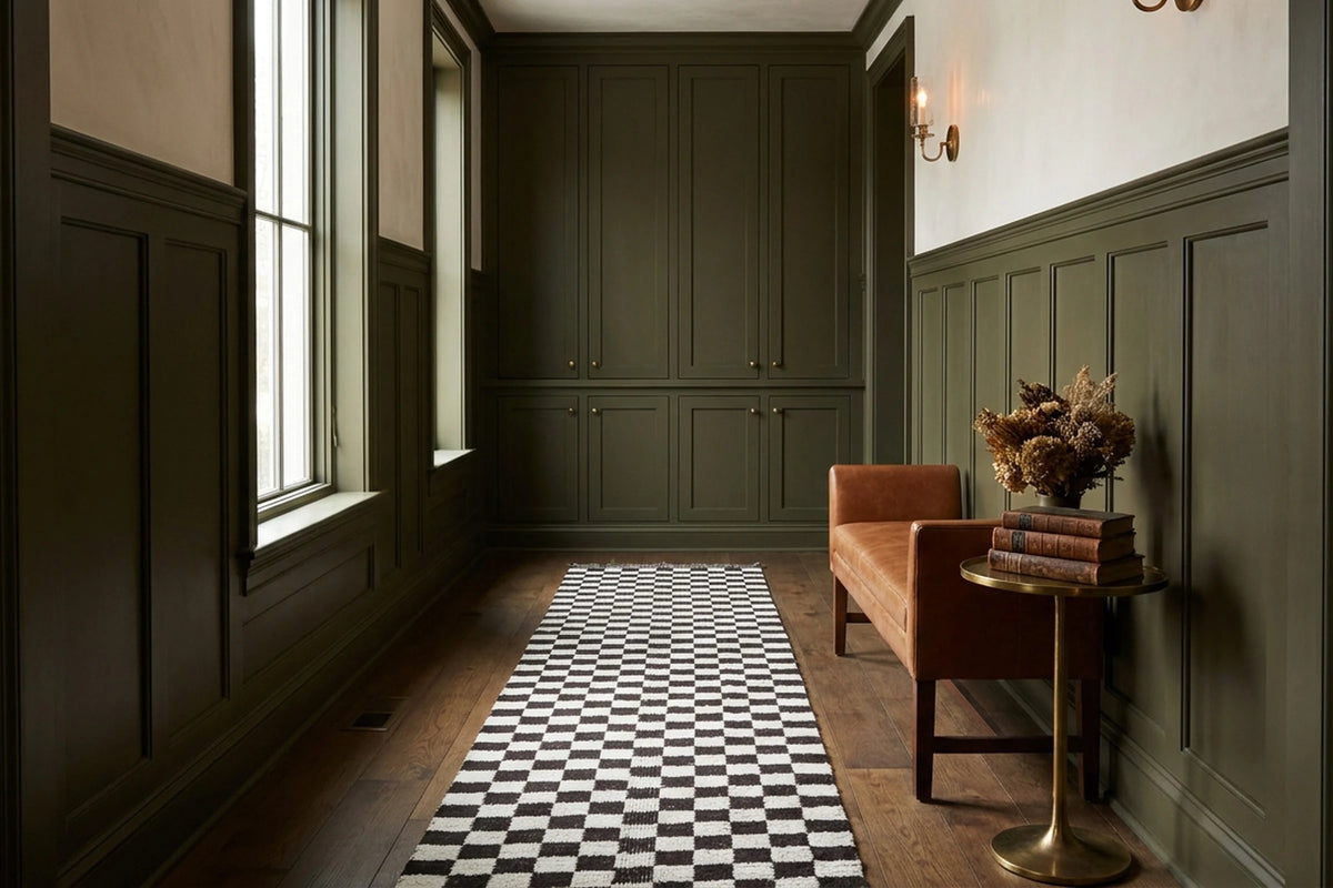 Checkered Shaggy Wool runner rug in a hallway