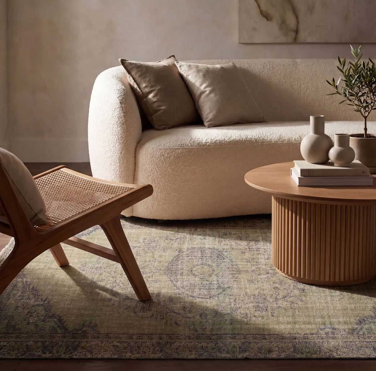 Muted green and purple distressed vintage Turkish rug in a modern minimal living room with a boucle sofa
