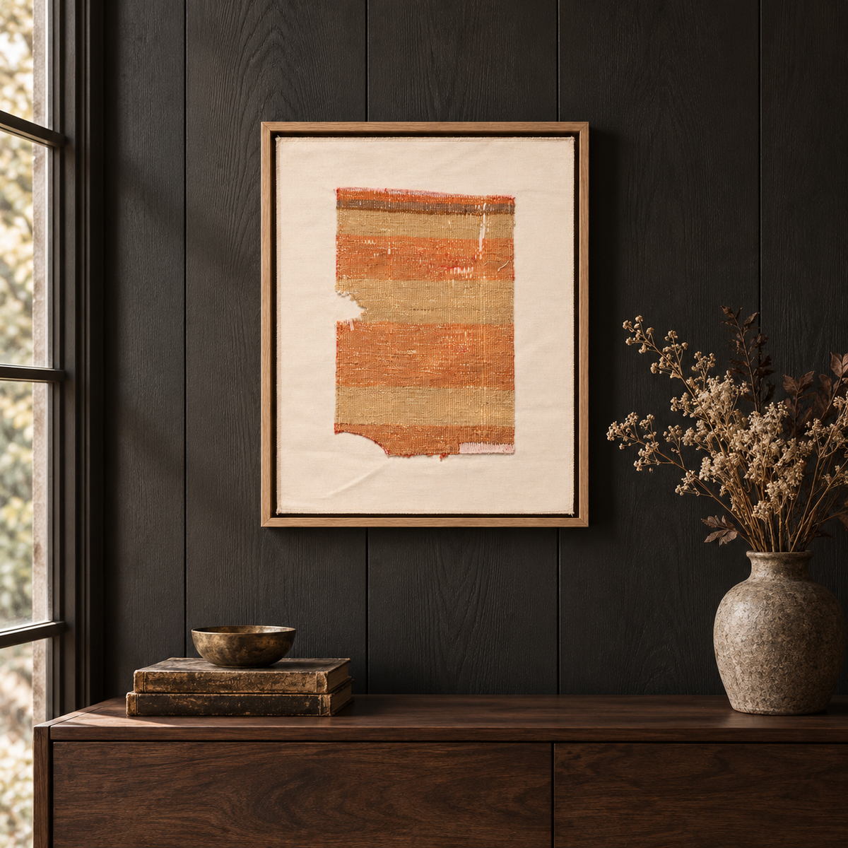 Vintage Kilim Fragment Wall Art 40x50 — Orange & Sage Stripes (No. 1)