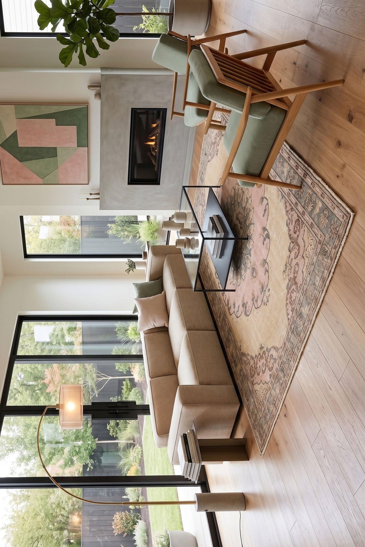 Modern living room with beige sofa, wooden armchair, and fireplace.