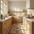 Vintage Malatya Turkish runner rug in orange and brown geometric wool, styled in a modern farmhouse kitchen.