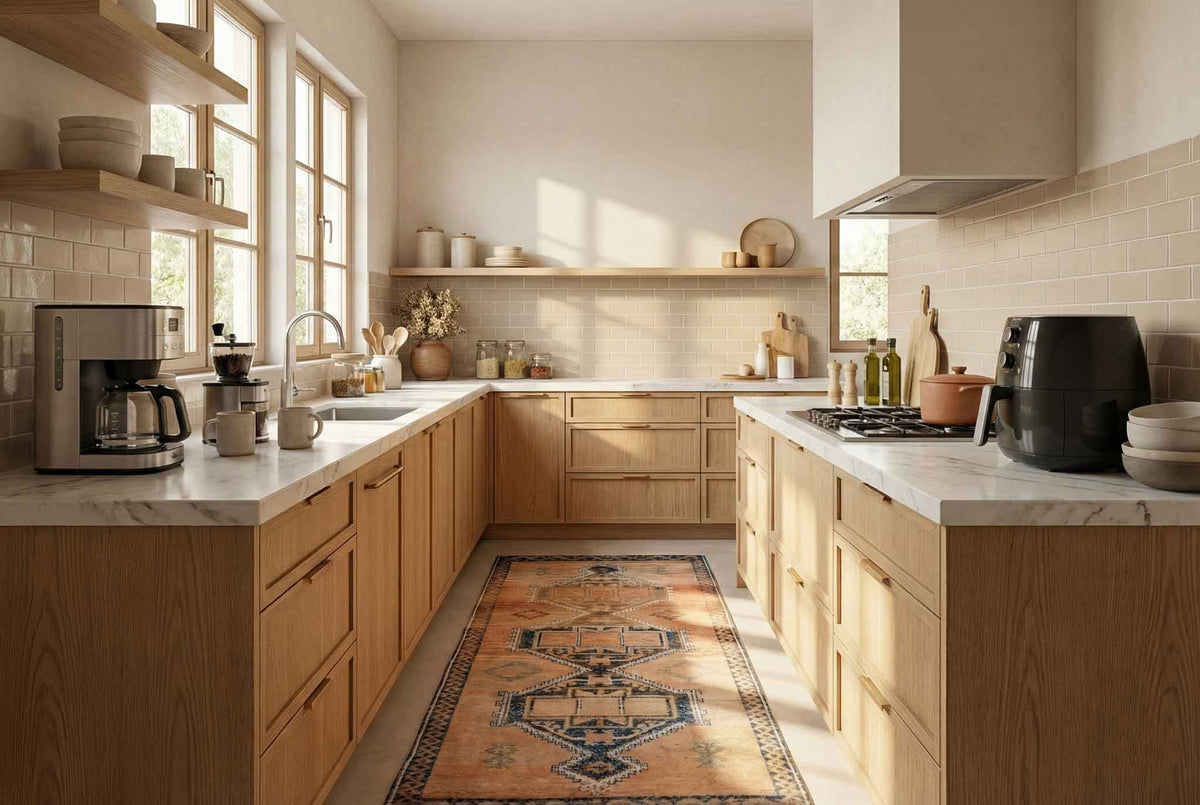 Vintage Malatya Turkish runner rug in orange and brown geometric wool, styled in a modern farmhouse kitchen.
