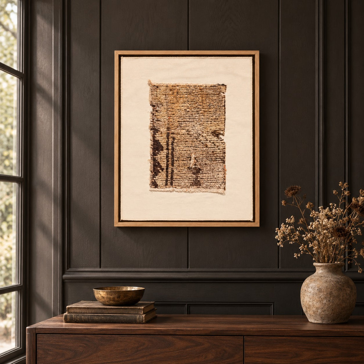 Framed vintage rug fragment wall art in brown, gold, ivory hanging on a dark wall above a wooden console