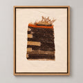 Framed vintage kilim fragment wall art in dark brown, cream, orange