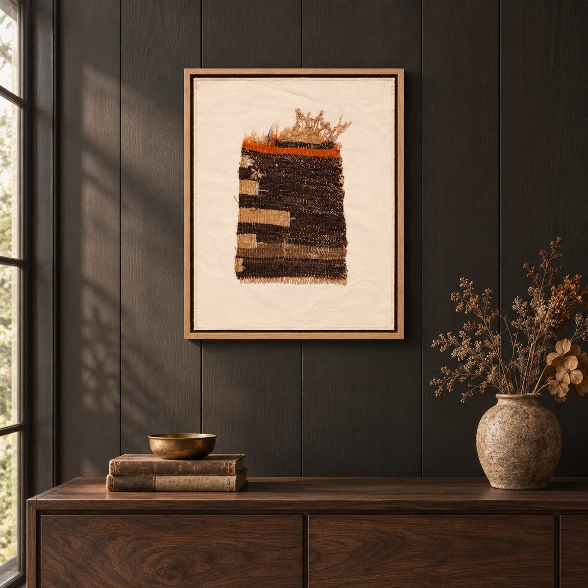 Framed vintage kilim fragment wall art in dark brown, cream, orange hanging on a dark wall above a wooden console