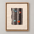 Framed vintage kilim fragment wall art in black, gray, ivory, turquoise, orange