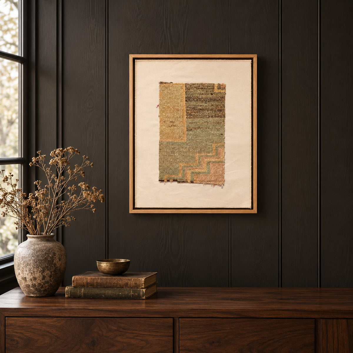 Framed vintage rug fragment wall art in sage, mustard, dusty rose hanging on a dark wall above a wooden console