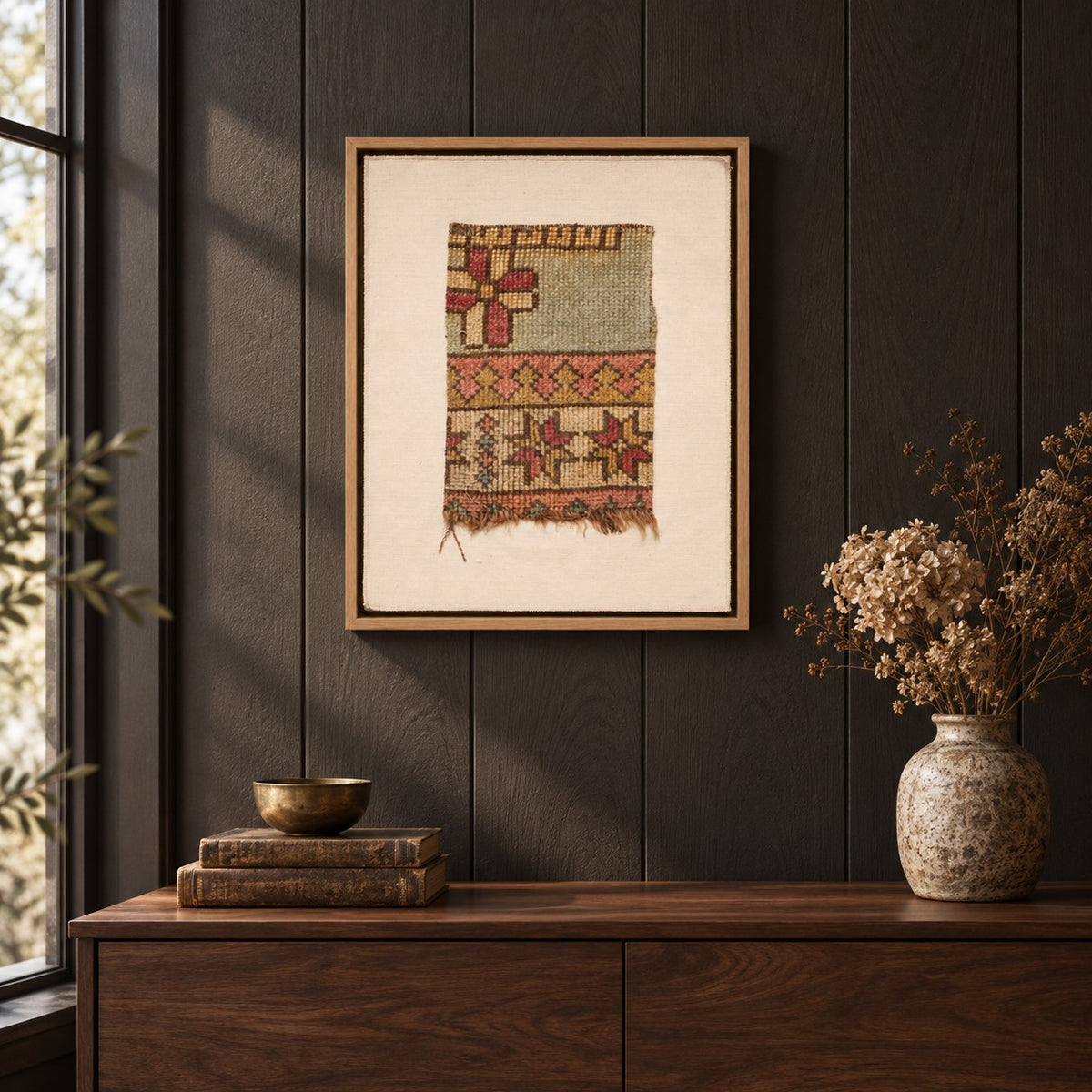 Framed vintage rug fragment wall art in pale green, rust, mustard hanging on a dark wall above a wooden console