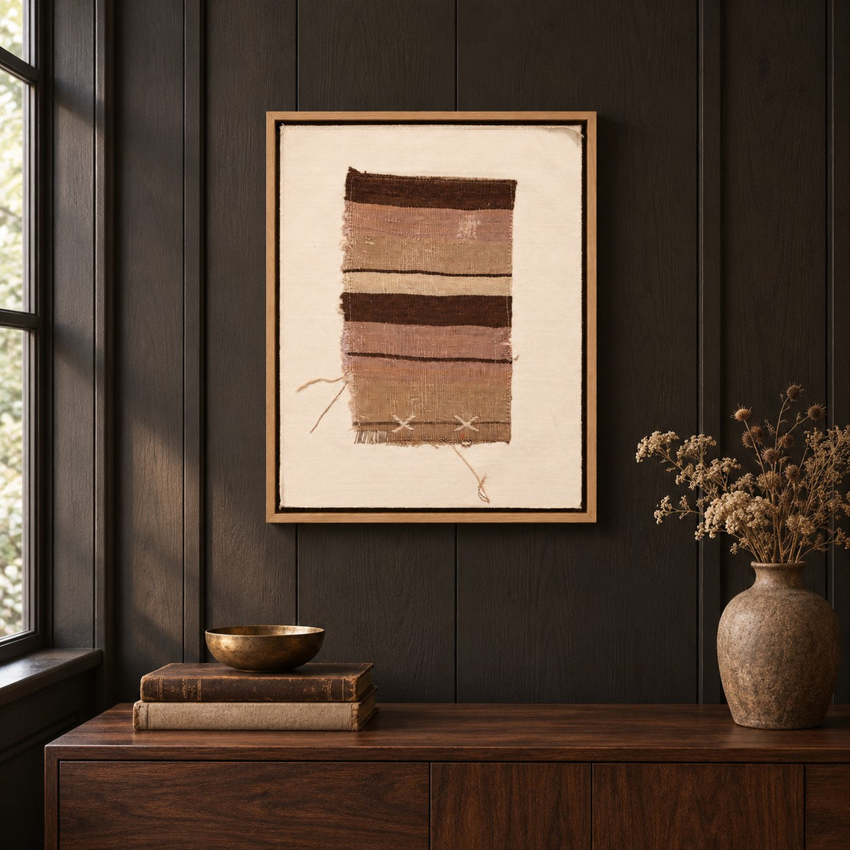 Framed vintage kilim fragment wall art in taupe, mauve, dark brown, ivory hanging on a dark wall above a wooden console