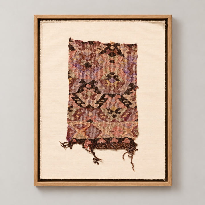 Framed vintage kilim fragment wall art in lavender, plum, brown, mustard