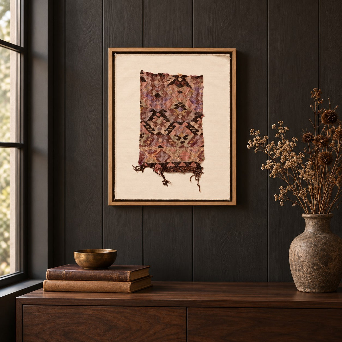 Framed vintage kilim fragment wall art in lavender, plum, brown, mustard hanging on a dark wall above a wooden console