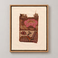 Framed vintage rug fragment wall art in brown, pink, cream