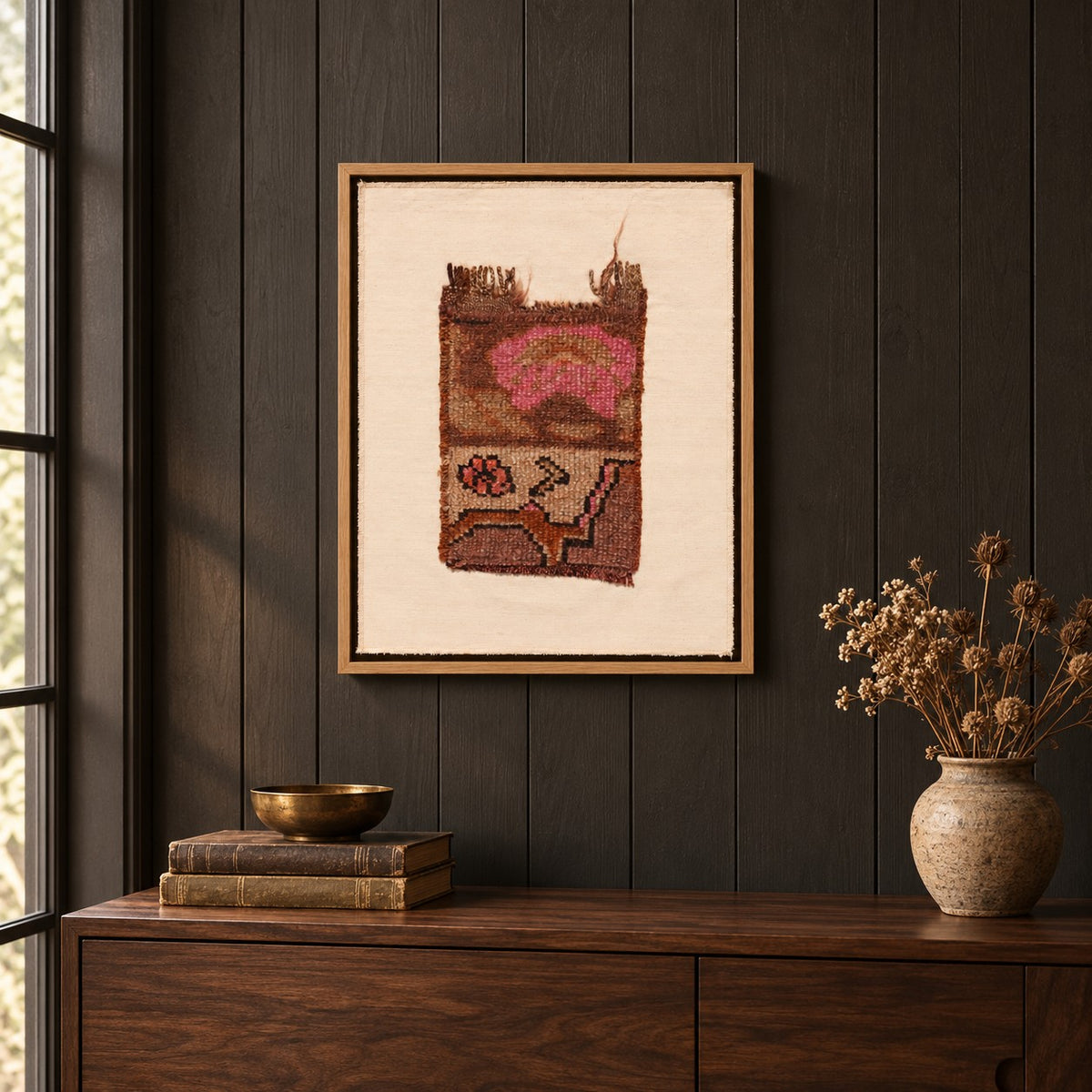 Framed vintage rug fragment wall art in brown, pink, cream hanging on a dark wall above a wooden console