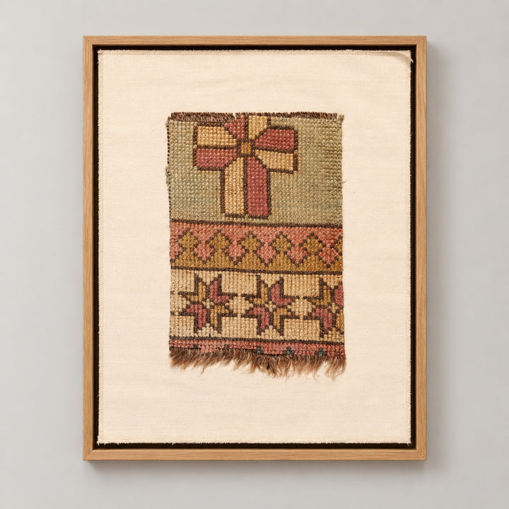 Framed vintage rug fragment wall art in sage, rust, mustard