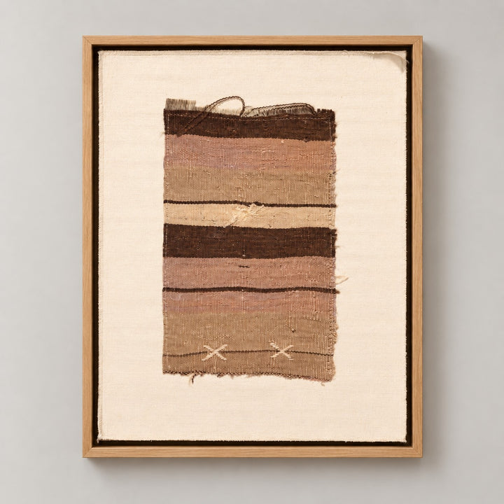 Framed vintage kilim fragment wall art in brown, taupe, ivory