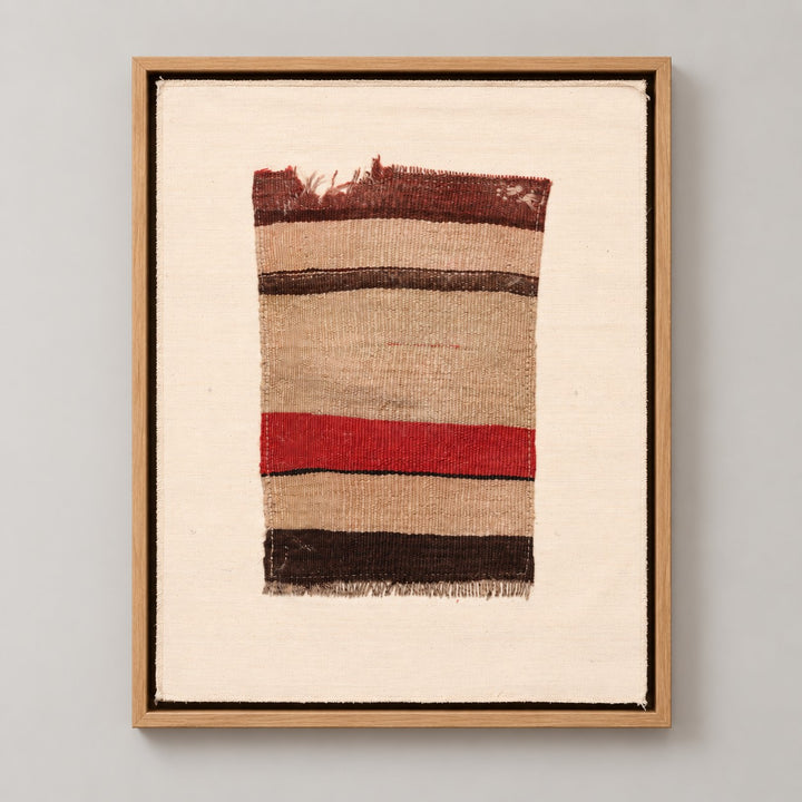 Framed vintage kilim fragment wall art in oatmeal, red, dark brown