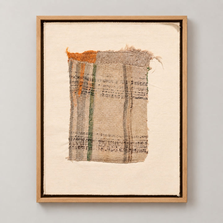 Framed vintage kilim fragment wall art in ivory, green, orange