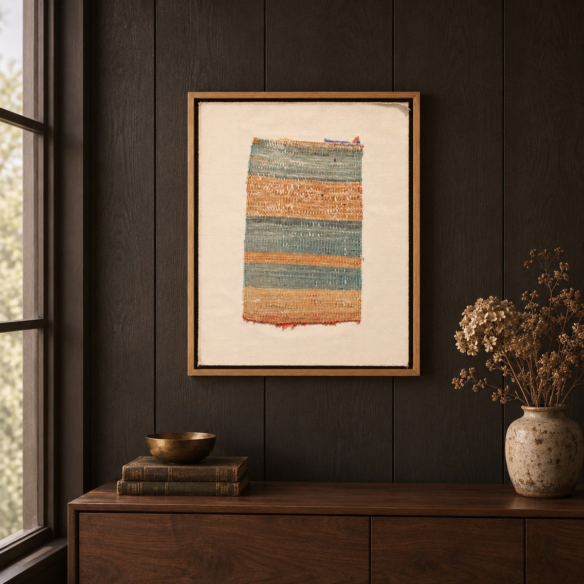 Framed vintage kilim fragment wall art in aqua, sand, rust hanging on a dark wall above a wooden console