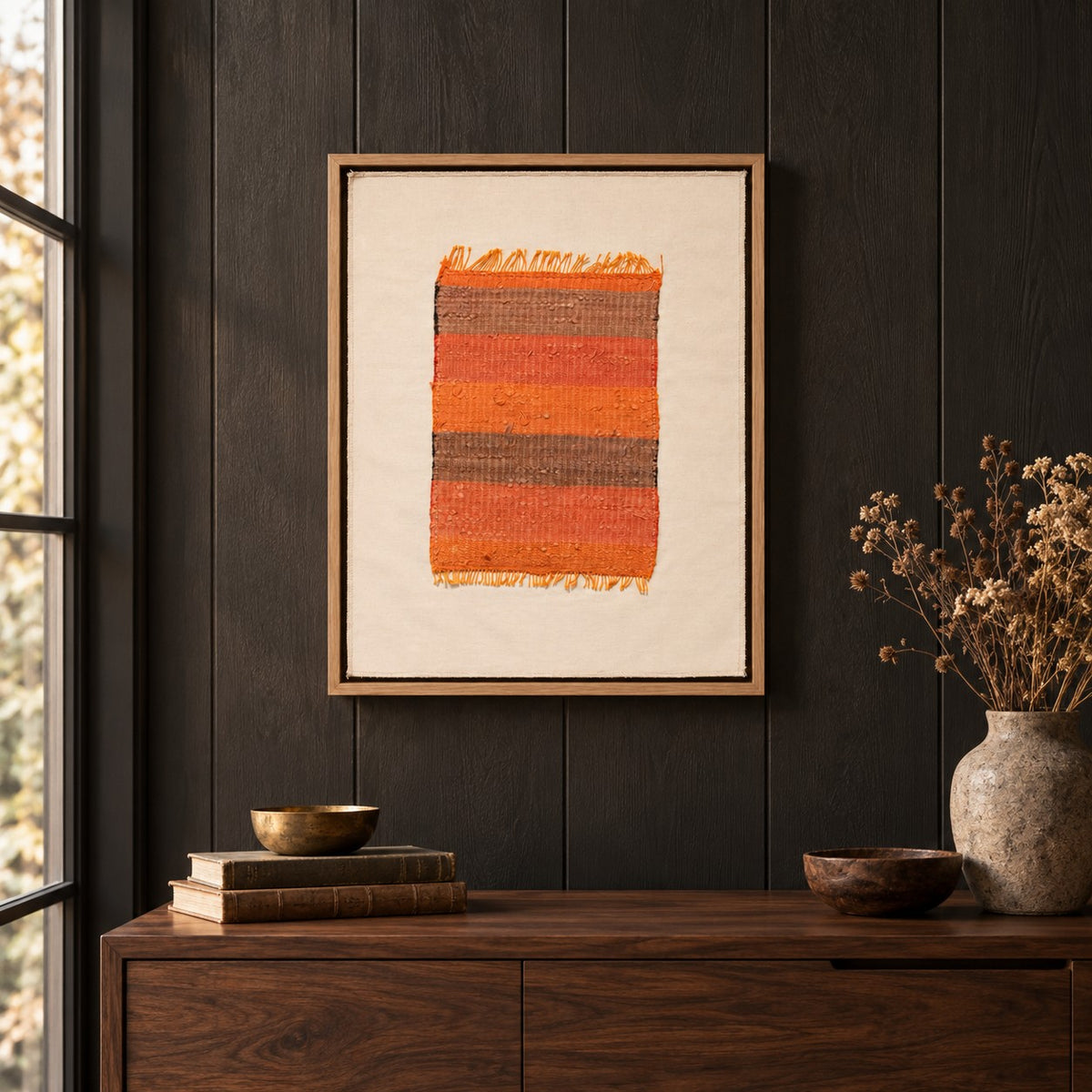Framed vintage kilim fragment wall art in orange, taupe, brown hanging on a dark wall above a wooden console