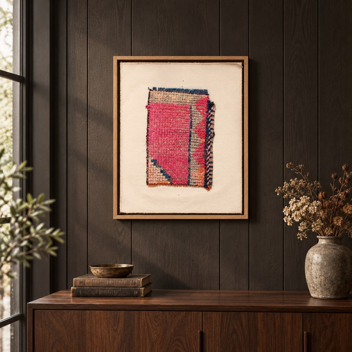 Framed vintage rug fragment wall art in hot pink, navy, beige hanging on a dark wall above a wooden console