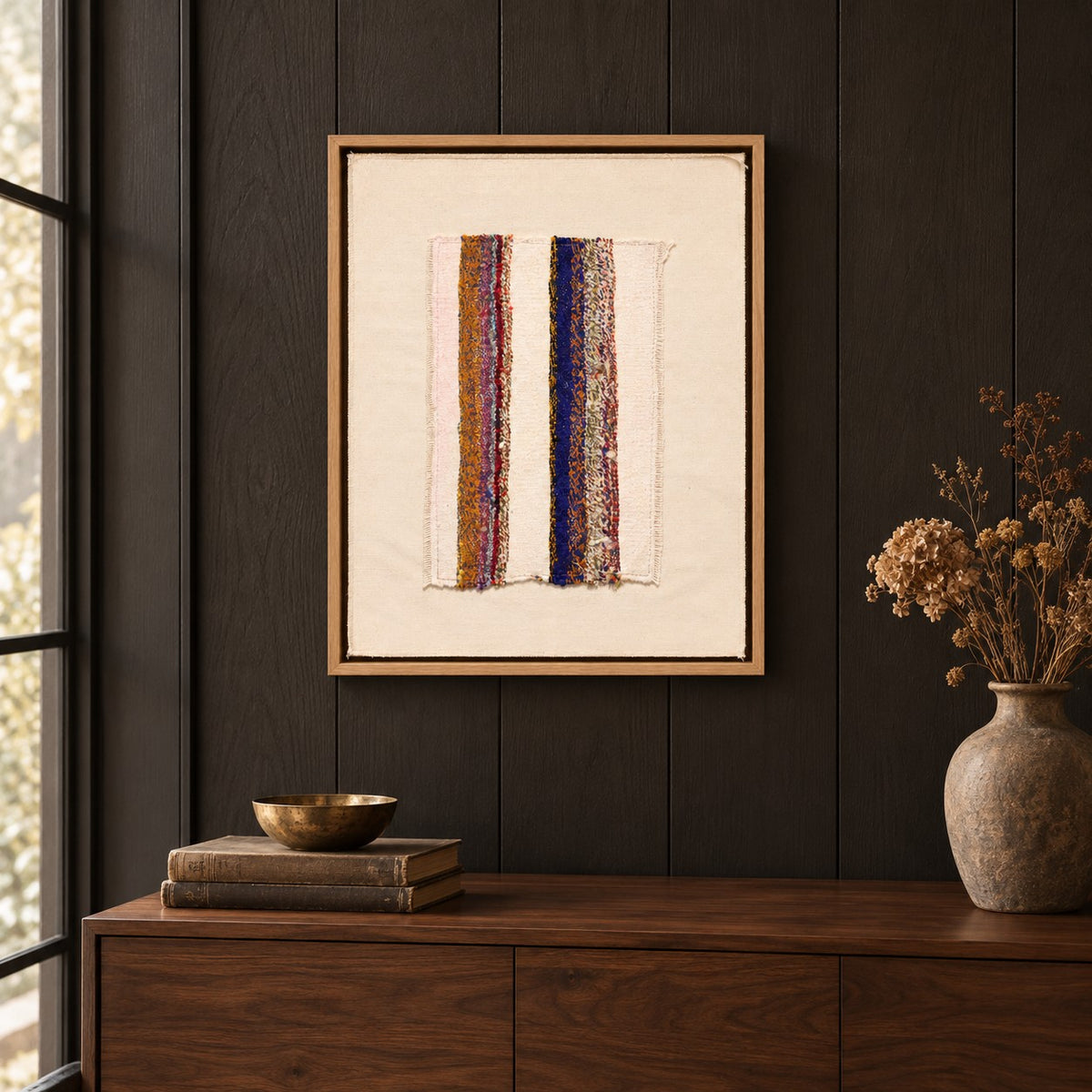 Framed vintage kilim fragment wall art in ivory, ochre, purple, navy hanging on a dark wall above a wooden console