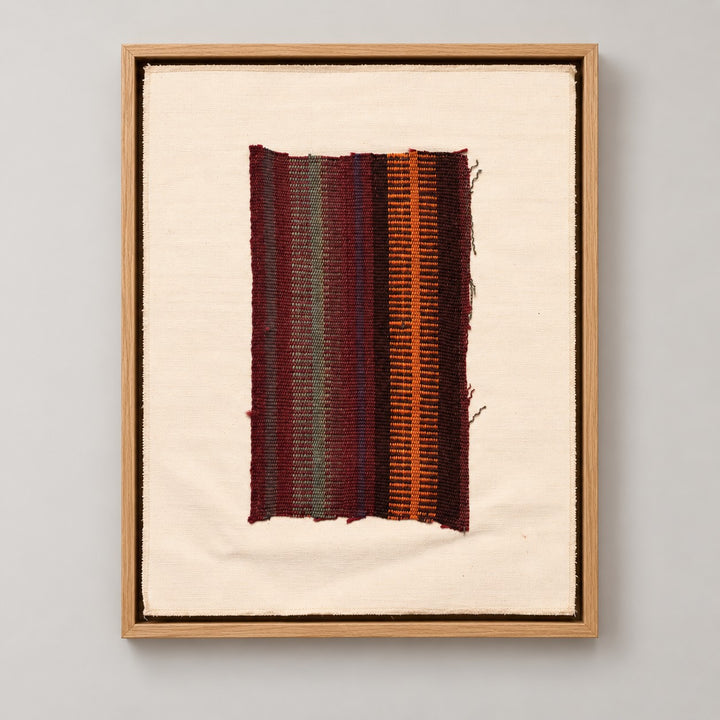 Framed vintage kilim fragment wall art in burgundy, gray, green, orange